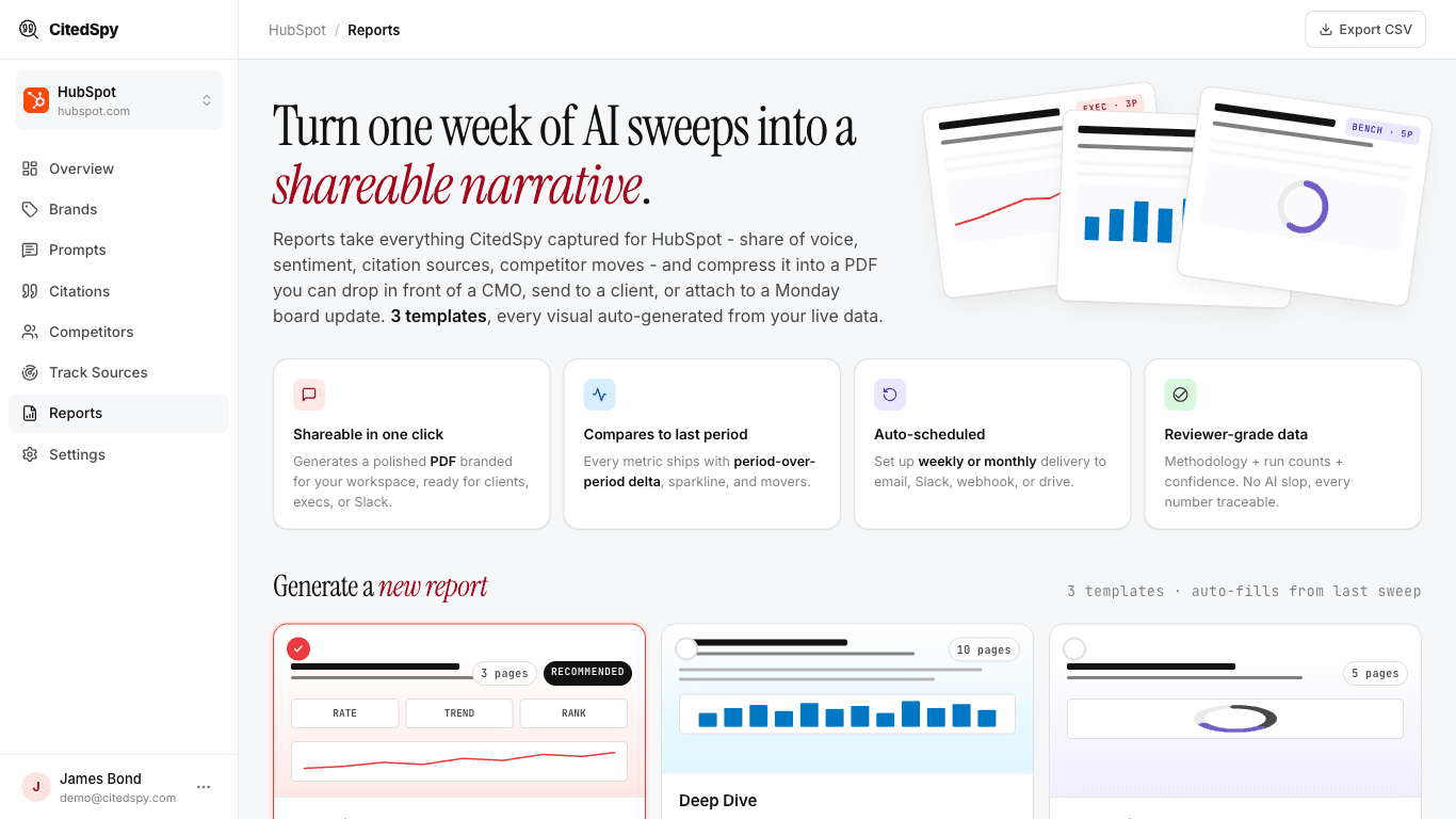 The Reports page - turn a period of AI sweeps into a shareable narrative report from a template