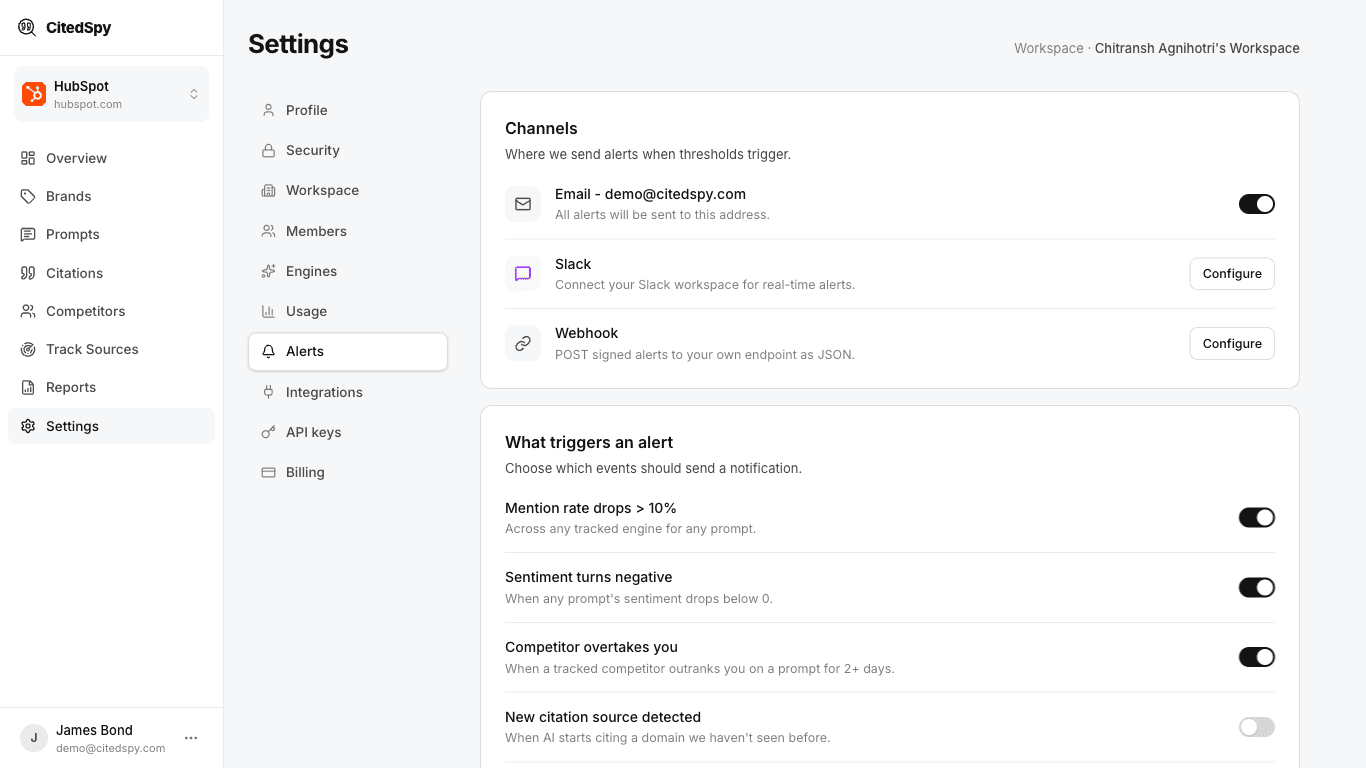 Alert settings - choose channels (email, Slack, webhook) and triggers like a mention-rate drop, sentiment turning negative, or a competitor overtaking you