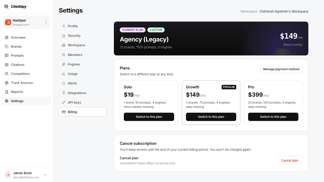 Billing settings - your current plan and the Solo, Growth, and Pro plans you can switch to at any time