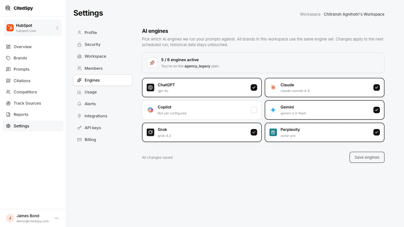 The Engines settings - enable or disable ChatGPT, Claude, Gemini, Perplexity, Copilot, and Grok for your workspace