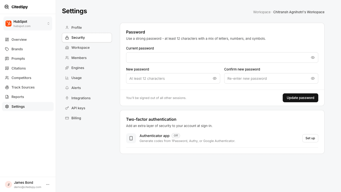 The Security tab - set up two-factor authentication with an authenticator app
